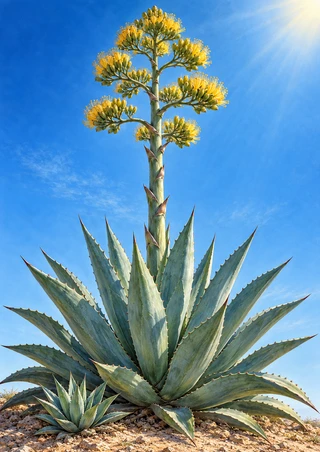 Blue-green agave rosette with a tall central stalk of golden blooms and a smaller offset among rocks beneath a bright blue sky.