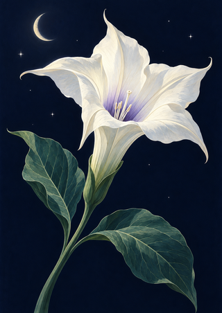 A pale trumpet-shaped flower with a lilac center and broad green leaves beneath a crescent moon and sparse stars on a dark indigo background.