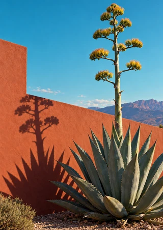A flowering agave stands before a terracotta wall, casting a branching shadow with distant mountains beyond.