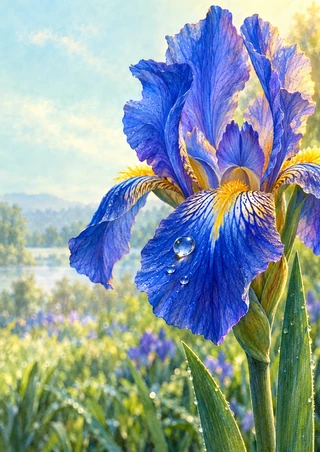 A large blue iris with water droplets on its lower petal against a pale sky and softly blurred garden.