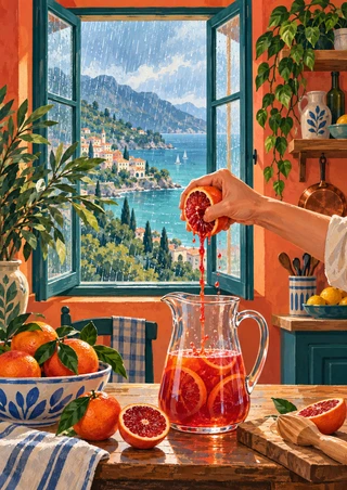 Illustration of a hand squeezing a halved blood orange into a glass pitcher in a colorful kitchen beside an open window overlooking a rainy coastal town.