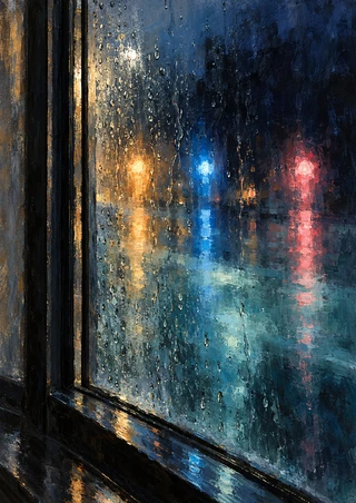 Rain droplets on a dark-framed window catch blurred amber, blue and rose city lights above a smoky teal reflection.