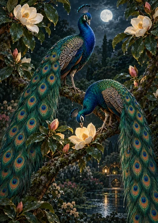 Two peafowl with long eye-spotted tails perch among ivory magnolias and pink buds beneath a full moon.