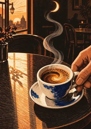 Blue-and-ivory espresso cup and saucer with swirling crema on a dark café table, held by a hand beneath curling steam and window light.