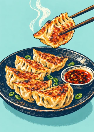 A browned dumpling held by chopsticks above a dark plate of dumplings with scallions, chili oil, and steam.