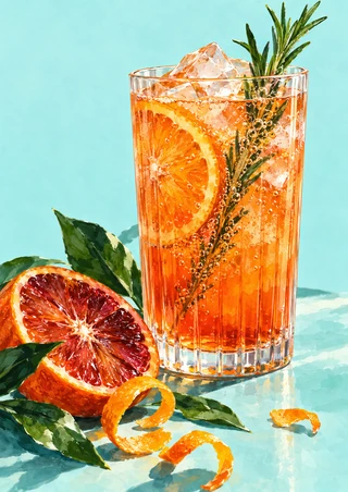A ribbed glass of sparkling orange drink with rosemary and a citrus wheel, beside blood-orange slices and curling zest.