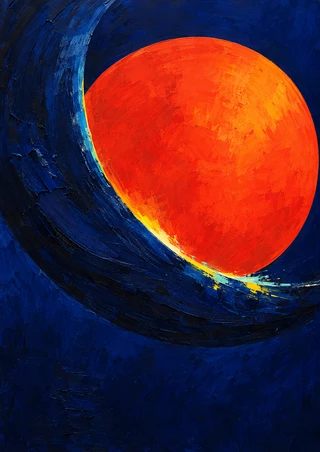 Orange-red disk partly covered by a sweeping dark indigo curve against a deep blue ground, with narrow yellow and pale-aqua accents.