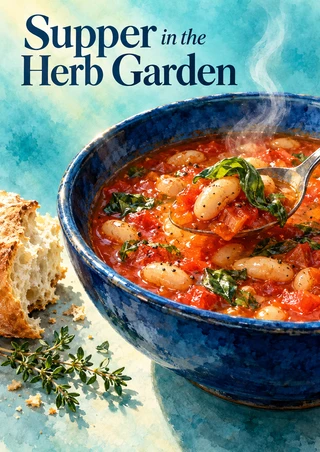 A blue bowl of tomato and white-bean stew with a spoon lifting a basil-topped bite, bread, thyme, and the title Supper in the Herb Garden.