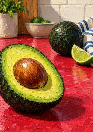 Textured still life of a cut avocado with a large brown pit, whole avocado, lime wedge, blue-striped towel, bowl, and plant on a red counter.