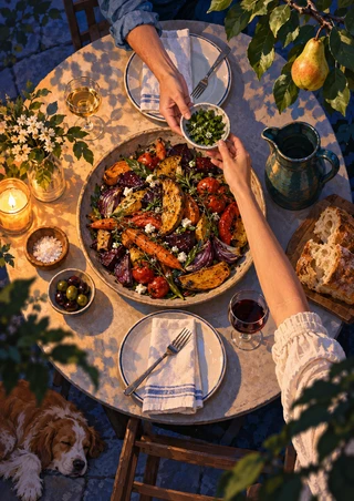 Overhead garden supper table with roasted vegetables, two hands passing a bowl of herbs, tableware, drinks, bread, a pear and a dog partly visible.