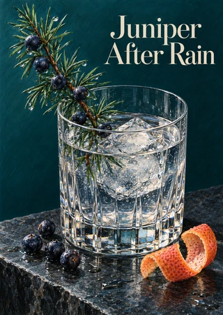 Cream Juniper After Rain lettering above a reflective tumbler with ice, a juniper sprig and berries, and curled orange peel on a stone ledge.