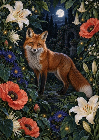 Red fox standing in a moonlit garden beneath a full moon, framed by white lilies, coral flowers, indigo blooms, and dense foliage.