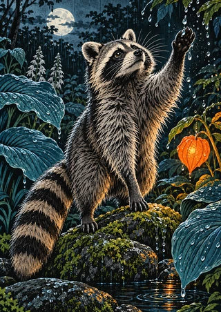 Raccoon rearing on a mossy rock with a raised forepaw among rain-wet leaves, droplets, a moon, and an orange lantern-shaped flower.