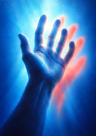 Blue-lit hand reaching upward with spread fingers and a coral-red offset afterimage against a glowing cyan and indigo background.