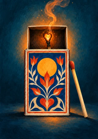 Open decorative matchbox holding a glowing heart-shaped ember, with orange smoke above and a loose match leaning beside it.