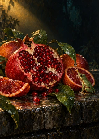 Green tree frog among wet leaves and droplets beside a split pomegranate and blood oranges on a rain-darkened stone sill.