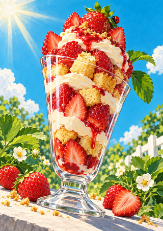 A tall glass filled with strawberry slices, cream, sponge cubes, and berries, with a small ladybug near the top in a sunny garden.
