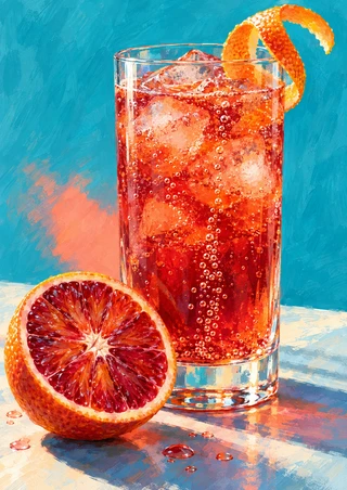 Tall clear glass of red-orange sparkling drink with ice and bubbles, curled orange peel, and a cut blood-orange half on a pale tabletop.