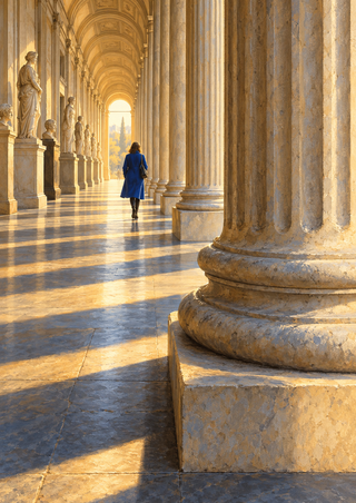 A visitor in a cobalt-blue coat walks through a sunlit stone colonnade, past statues and a large foreground column.