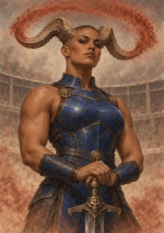 Horned woman in weathered blue armor holds an ornate upright sword before a rust-red circular mark on a stone wall.