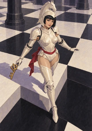 An ivory-armored woman with a horse-crested helmet walks across a checkerboard floor holding a small gold object.