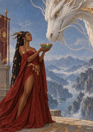 Horn-crowned woman in a flowing red gown offers a bowl to a large white dragon on a terrace above a mountain river valley.