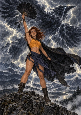 Witch-like woman on a rocky outcrop raises a black fan as a raven flies through lightning above the mountains.