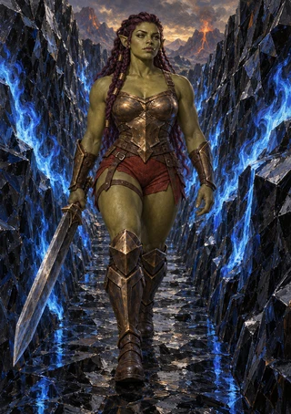 Green-skinned, pointed-eared armored woman carrying a sword through a dark crystal corridor lit with blue flame-like light.