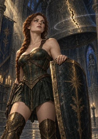 Red-haired woman in green and bronze armor beside a decorated shield, with a brightly cracked bell in a Gothic cathedral.