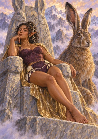 Elf-eared woman in purple and gold on a carved stone throne beside a large brown hare, with mountains and clouds behind.