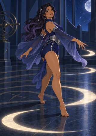 Dark-haired woman in violet and navy stepping across glowing crescent-like floor markings in a moonlit observatory.