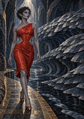 Gray-skinned, pointed-eared woman in a red one-shoulder dress walking through a dark arched mosaic hall.