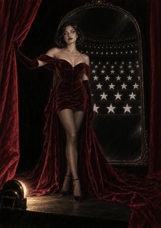 Woman in a deep red gown and long gloves holding back a curtain before an arched panel patterned with stars.