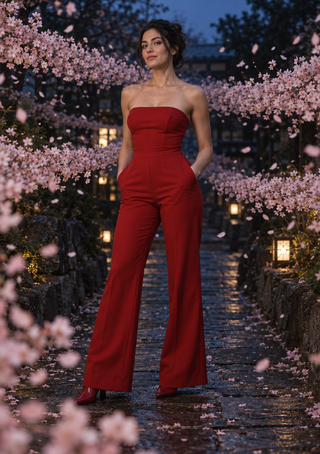 Woman in a red strapless jumpsuit standing on a wet path beneath cherry blossoms and lanterns.