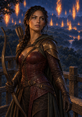 Dark-haired woman ranger in brown armor holding a bow before a burning forest at night.