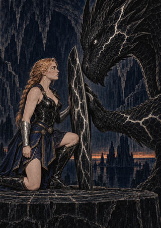 Armoured blonde woman kneeling beside a huge black-scaled dragon, separated by a tall shield against a jagged dark landscape.