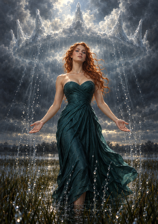 Red-haired woman in a dark teal gown stands in marsh water beneath a crown-shaped rising water formation during a storm.