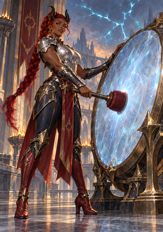 A horned woman with red braids and silver armor stands beside a huge blue circular surface in a spiked frame, holding a red-headed mallet.