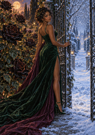 A woman in a long green gown holds open an iron garden gate between a moonlit rose garden and a snowy blue path.