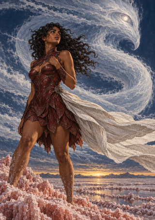 Woman in a dark red dress standing on pale salt-like formations beneath a vast curling white sky form, with distant mountains and a warm sunset.