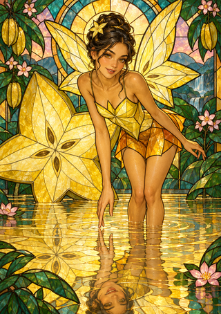 Flower fairy standing in reflective water among yellow star-shaped flowers, pink blossoms, and green foliage.