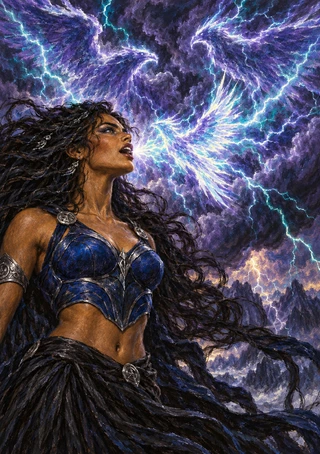 Blue-armored woman with windblown dark hair beneath branching lightning and storm clouds.