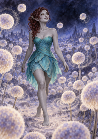 A pointed-ear woman in a teal petal-like dress walks through a moonlit field of glowing spherical plants beneath a starry sky.