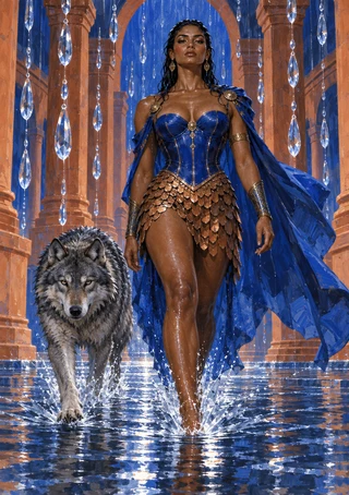 A woman in blue armor and a bronze scale-like skirt walks beside a gray wolf through a flooded colonnade with warm-toned arches.