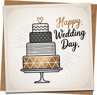 Happy Wedding Day Greeting Card, 145mm x 145mm, Elegant Cake Design in Gold and Black, Blank Inside, Includes Kraft Envelope – Wedding Congratulations Card for Couple