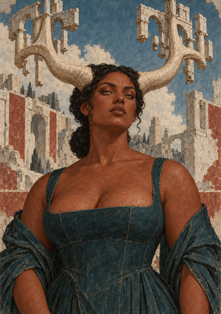 Painterly portrait of a horned woman in a dark teal dress before weathered stone arches and a cloudy sky.