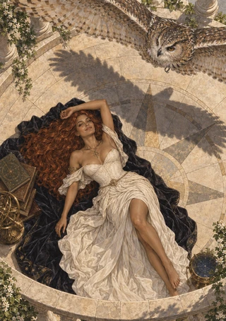 Overhead fantasy scene of a woman in an ivory gown reclining on dark cloth as an owl flies above tiled flooring.
