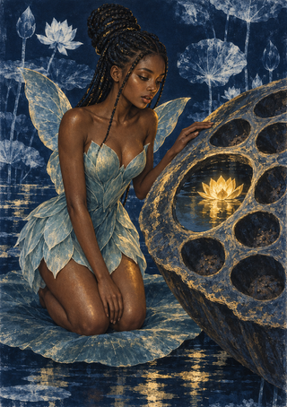 Winged woman in a pale blue petal dress kneeling beside a gold-edged seedpod form with a glowing lotus.