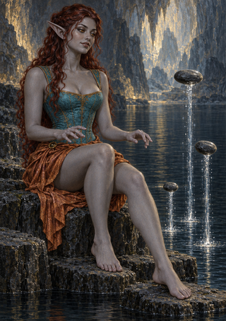 Pointed-eared woman in teal and copper clothing seated beside a pool as three stones hover above the water.