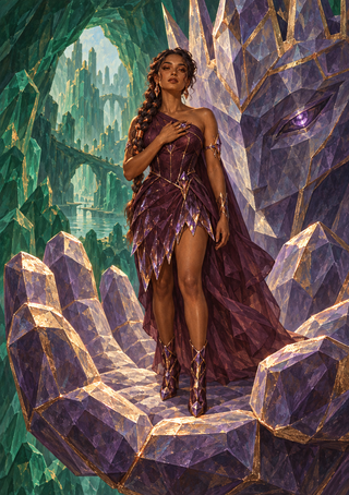 Full-length woman in faceted purple attire among green crystals beside a giant violet crystal with a glowing eye.